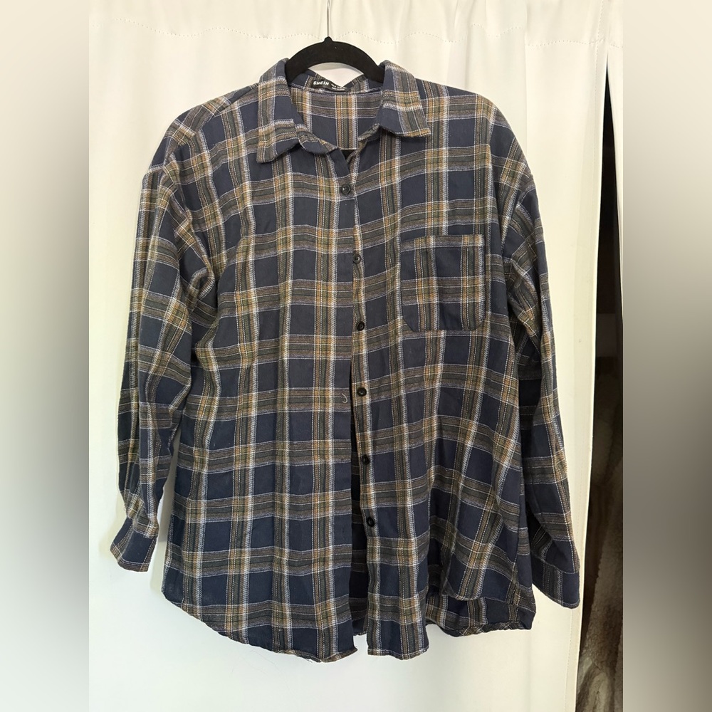 SHEIN Blue and Tan Plaid Button Down Shirt